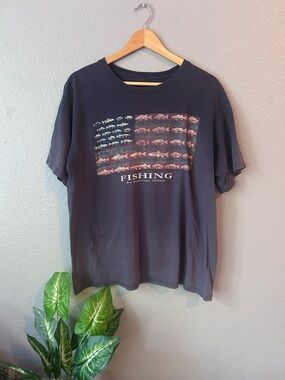 Fishing Graphic Tee - Navy with Red & White Flag Design